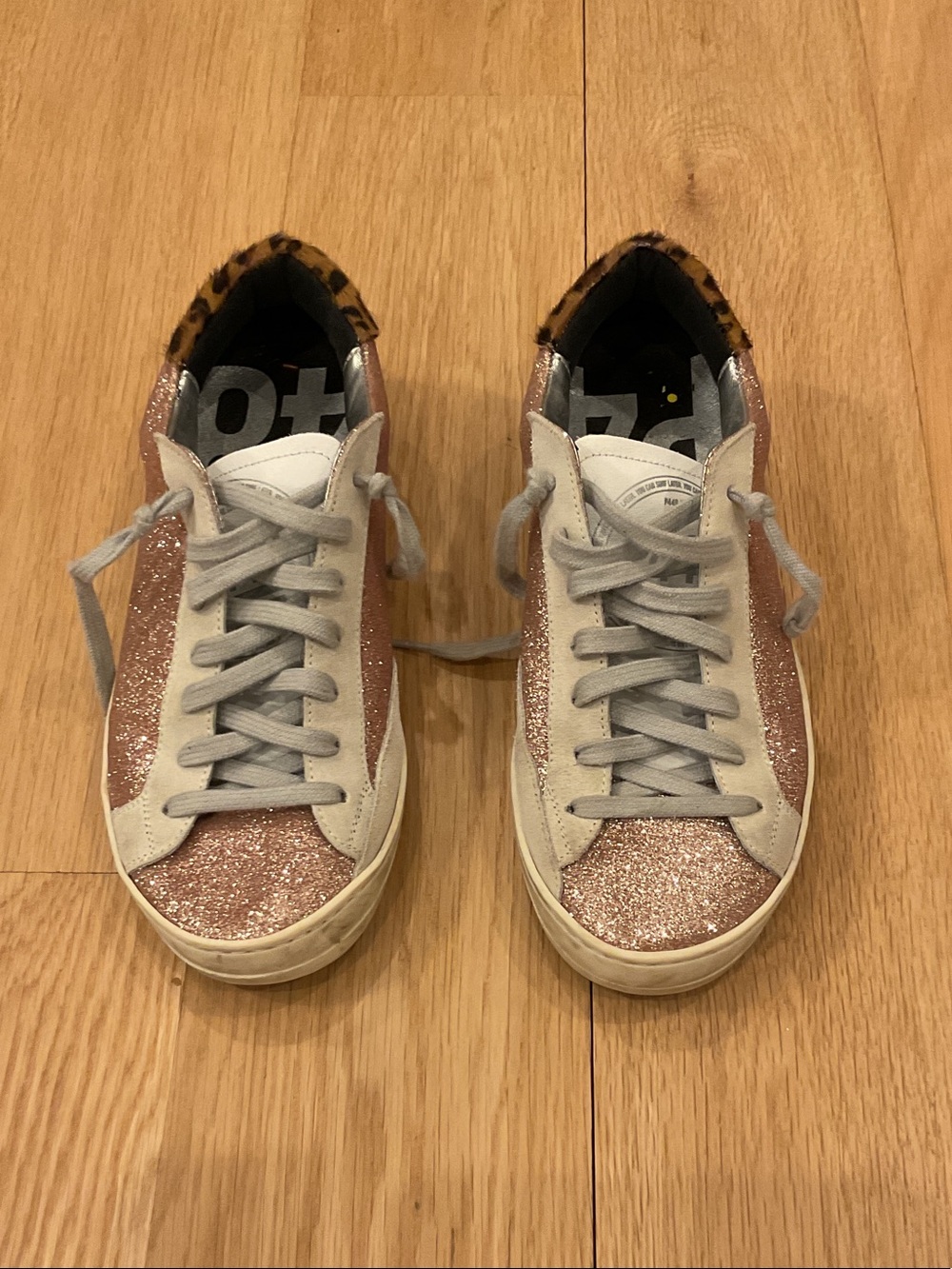 P448 Women’s Low-Top Glitter Sneakers in Rose Gold and Gray with Leopard Trim